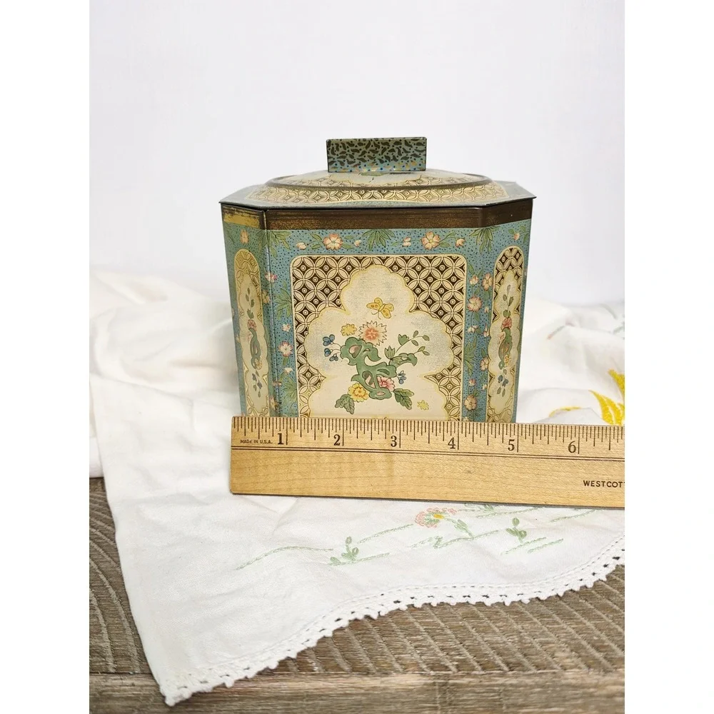 Vintage Baret Ware Floral Biscuit Tin, Gold and‎ Teal Stash Box